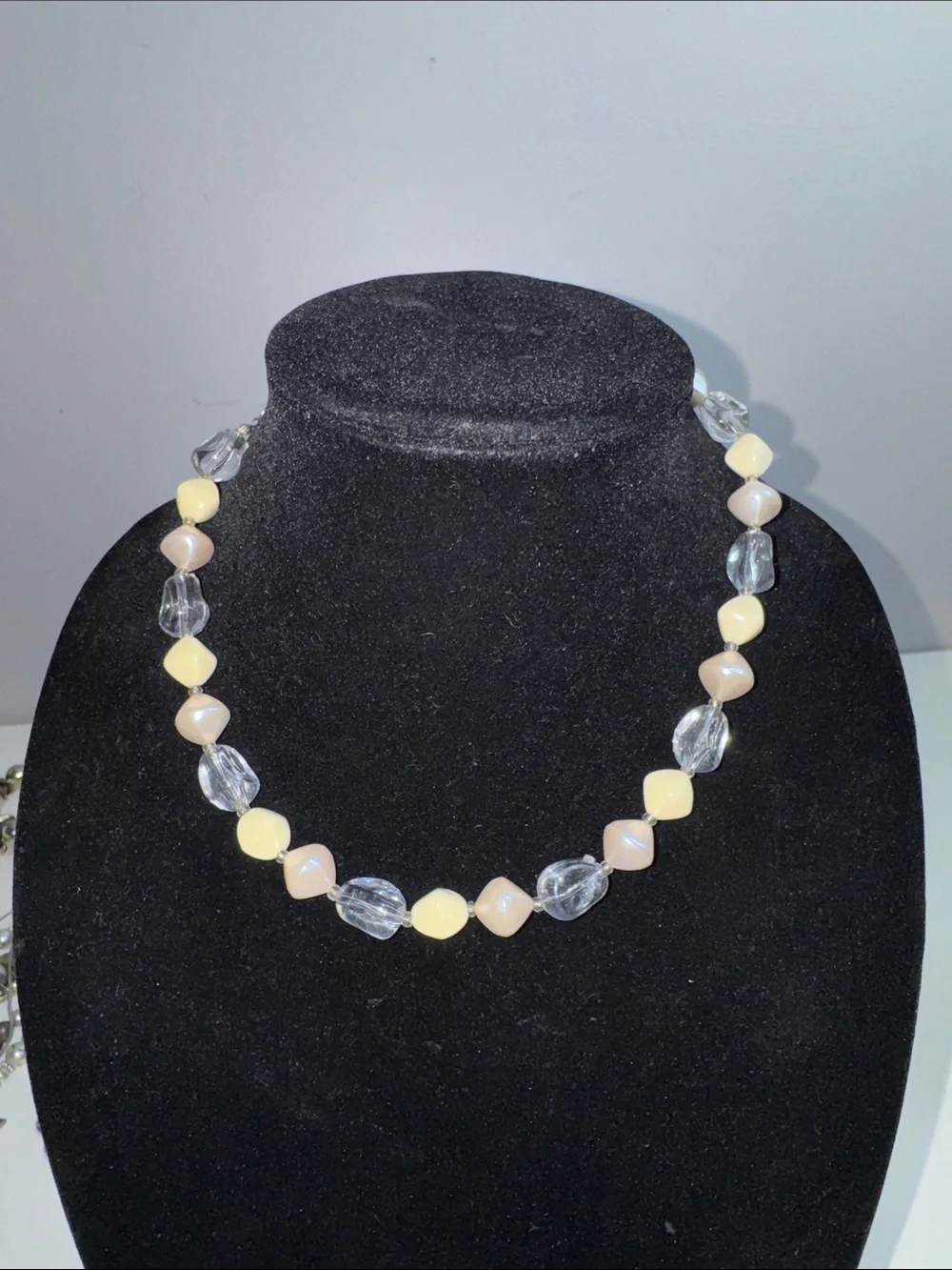Y2K Pastel Clear Beaded Statement Necklace Cream Taupe Lucite Adjustable